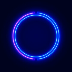 Round blue and pink neon sign on dark background, vector illustration.
