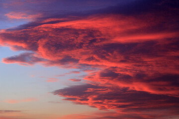 Dramatic clouds lit by the setting sun.