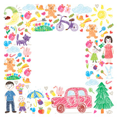 Obraz na płótnie Canvas Kindergarten. Kids drawing style. Family. Mother, father, sister, brother. Boys and girls. Vector pattern.