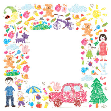 Kindergarten. Kids drawing style. Family. Mother, father, sister, brother. Boys and girls. Vector pattern.