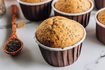 Homemade autumn pumpkin muffin with chia seeds