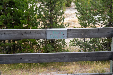 Sign for Twin Geyser, a thermal feature in the West Thumb Geyser Basin of Yellowstone National Park