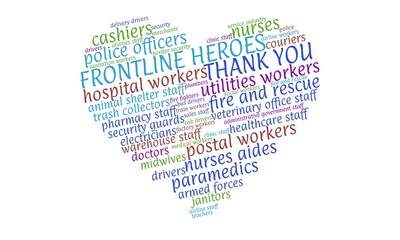 Colorful tag cloud in the shape of a heart naming essential workers and thanking the frontline heroes during the Coronavirus pandemic	