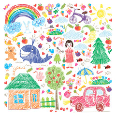 Kindergarten. Kids drawing style. Family. Mother, father, sister, brother. Boys and girls. Vector pattern.