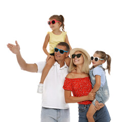 Happy family with children wearing sunglasses on white background