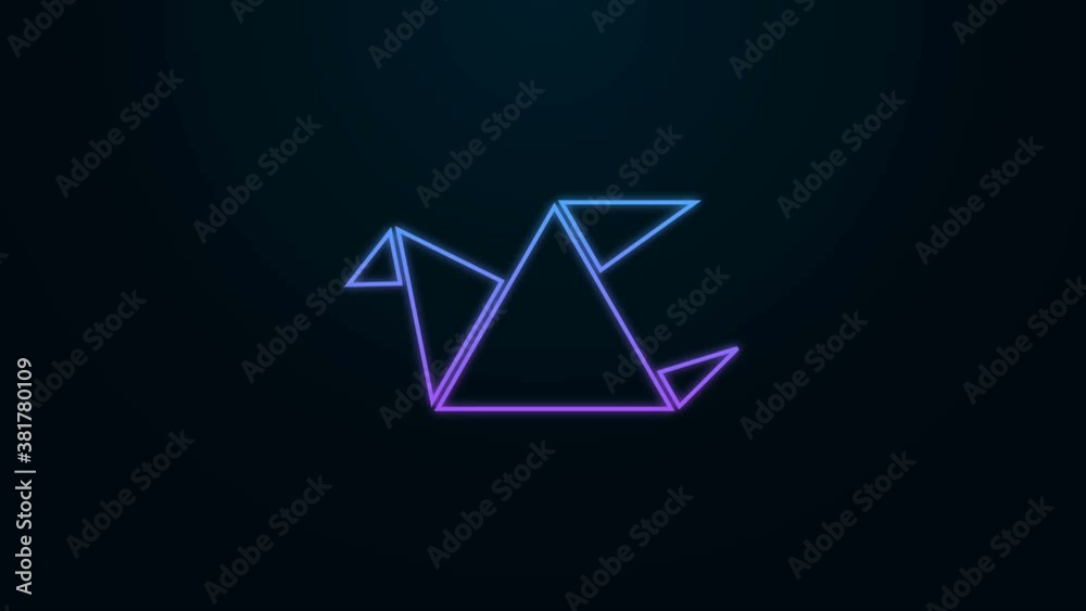 Poster glowing neon line origami bird icon isolated on black background. 4k video motion graphic animation