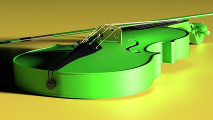 Green classic violin on yellow plate under spot lighting background. 3D sketch design and illustration. 3D high quality rendering.