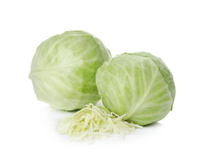 Fototapeta premium Whole and cut fresh ripe cabbages on white background