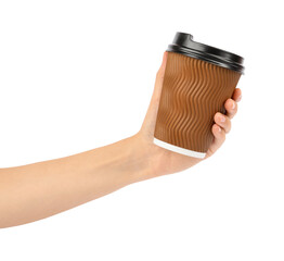 Woman holding takeaway paper coffee cup on white background, closeup