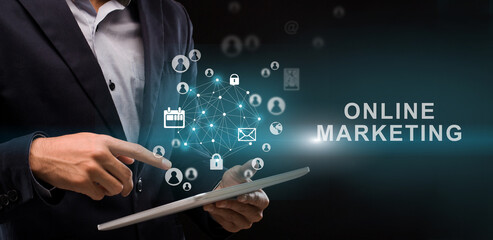 Marketing Collage, Businessman Using Digital Tablet Standing On Black Background