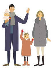 赤ちゃんのいる4人家族の冬の装いイラスト