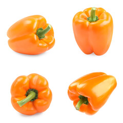 Set of orange bell peppers on white background