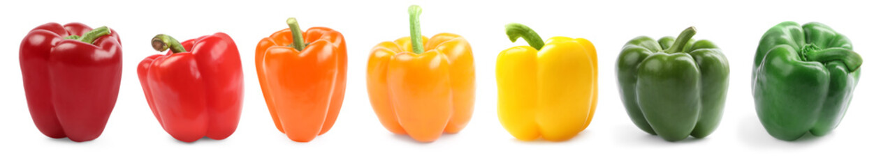 Set of different bell peppers on white background. Banner design