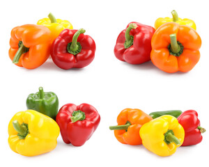 Set of different bell peppers on white background