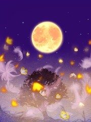 Fototapeta na wymiar Flying orange butterfly and white feathers in purple night sky with yellow full moon