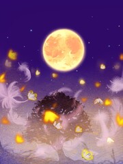 Flying orange butterfly and white feathers in purple night sky with yellow full moon
