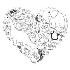 Vector kindergarten pattern with animals and toys. Illustration for little boys and girls.
