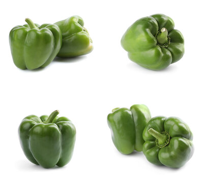 Set of green bell peppers on white background