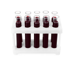 Test tubes with blood samples in rack on white background. Laboratory analysis