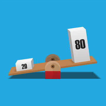 80 and 20 balance on scale,pareto principle scale,80/20 principle isolated on background vector illustration.