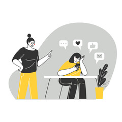 Obraz premium Problems of relations between teenagers and their parents. Dependence on gadgets. Ignoring teenagers of their parents. Vector Illustration