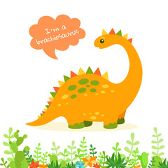 Dinosaur with speech bubble, cartoon style. Colorful Brontosaurus with plants and cactus. Kids design for fabric or textile. Vector illustration isolated on white background