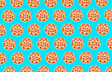 Pepperoni pizza pattern design on light blue background