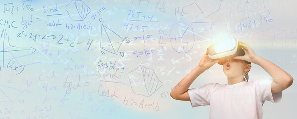 Schoolboy Learning Math Using Virtual Reality Headset, Blue Background, Collage