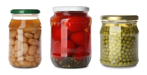 Set of jars with pickled foods on white background. Banner design