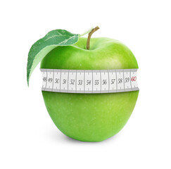 Green apple with measuring tape on white background. Slimming, weight loss concept