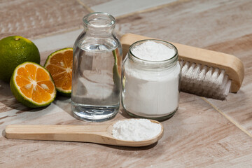 Baking soda - sodium bicarbonate, vinegar, and lemon; Cleaning agent.