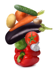 Heap of different fresh vegetables on white background