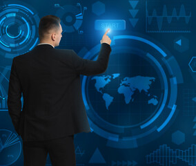 Unrecognizable Businessman Pressing Start Button On Virtual Panel, Blue Background