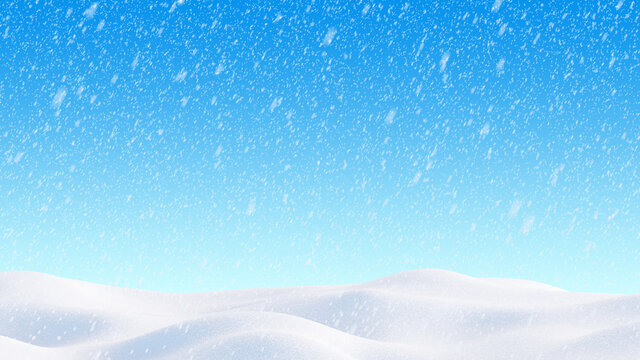 Snow hills landscape. Snowdrift with falling snowflakes illustration. Winter blizzard background. 3D render image.