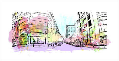 Fototapeta premium Building view with landmark of Beirut is the capital and largest city of Lebanon. Watercolor splash with hand drawn sketch illustration in vector.