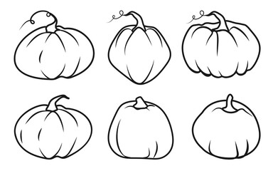 Autumn pumpkin black line icon set. Contour template different shape gourd. Linear style pictogram. Outline sign Thanksgiving and Halloween, season crop capacity Isolated on white vector illustration