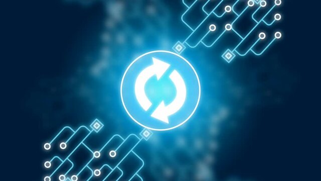 Animation Abstract digital data and network connections Refresh Rotate recycle logo on blue Cyber or technology background