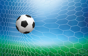 Naklejka premium Soccer ball in goal. Football ball and white net with light blurred bokeh background. Vector.