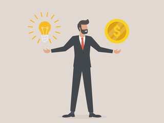 Businessman offers bulb idea and money vector illustration
