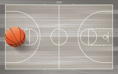 Basketball ball in basketball court area. With wooden pattern background. Vector.
