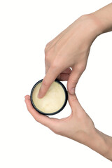 people hands hold jar with balm wax for hair style isolated