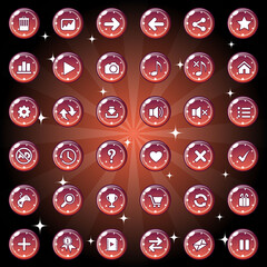 Buttons and icon set design for game or web theme is dark red. Vector illustration.