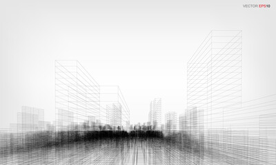 Fototapeta premium Wireframe city background. Perspective 3D render of building wireframe. Vector.