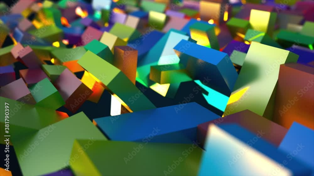 Aufkleber 3d rendering of surface with the many rotating colorful rectangles. computer generated abstract back