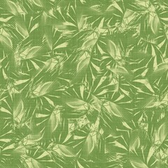 Fototapeta na wymiar Bright line green tropical foliage seamless pattern. High quality illustration. Vivid but simple palm tree leaves in happy light green shades with linen fabric texture overlay.