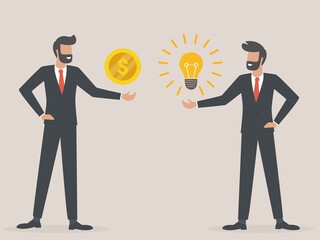 exchanging ideas with money. idea paid with money. business transaction concept. flat design illustration