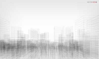 Wireframe city background. Perspective 3D render of building wireframe. Vector.