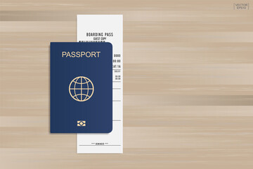 Passport and boarding pass ticket on wood background. Vector.