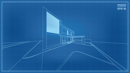 Blueprint Perspective. 3D render of tropical house wireframe. Vector illustration of house construction.