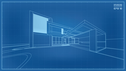 Obraz premium Blueprint Perspective. 3D render of tropical house wireframe. Vector illustration of house construction.